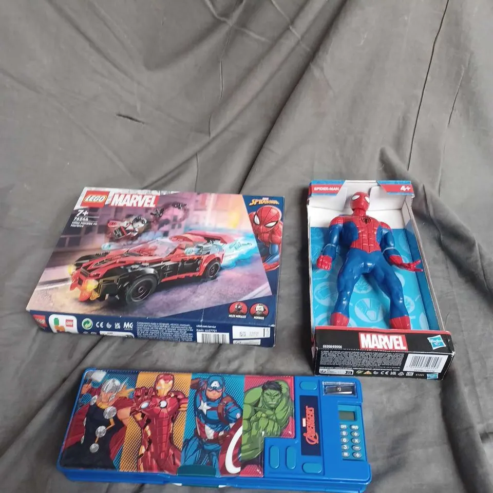 LOT OF 3 ASSORTED TOYS TO INCLUDE - LEGO MAVEL MILES MORALES VS MORBIUS SET 76244 - MARVEL AVENGERS PENCIL CASE - MARVEL SPIDERMAN ACTION FIGURE