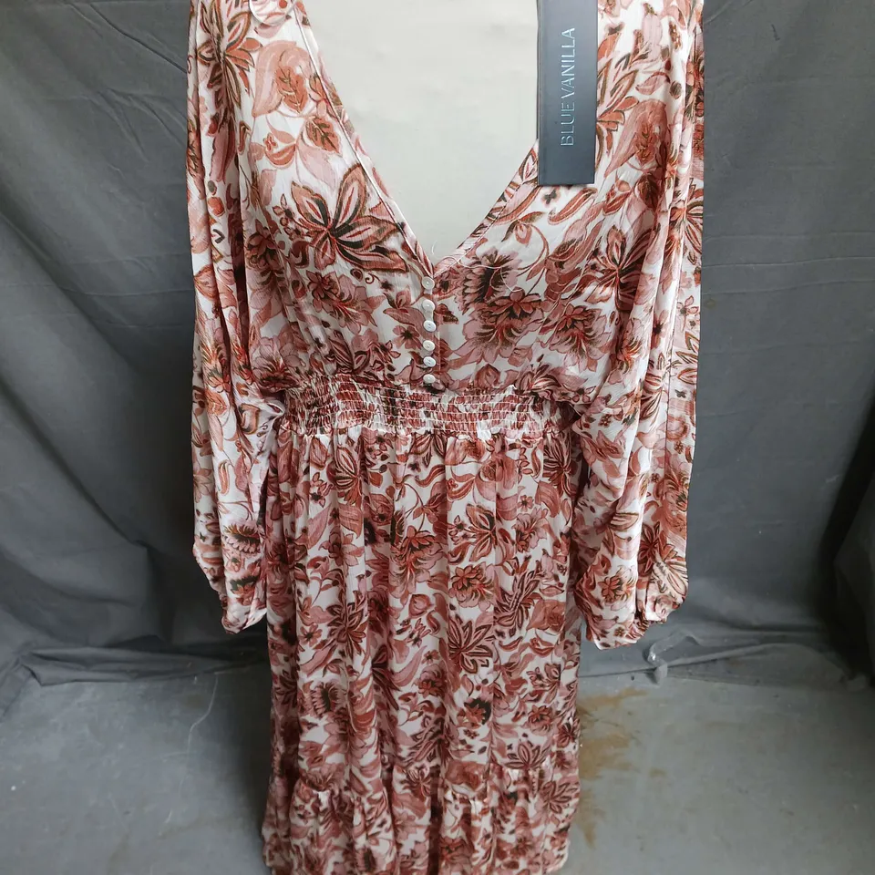 BLUE VANILLA BALLOON SLEEVE MIDI DRESS IN PINK PATTERN SIZE 14
