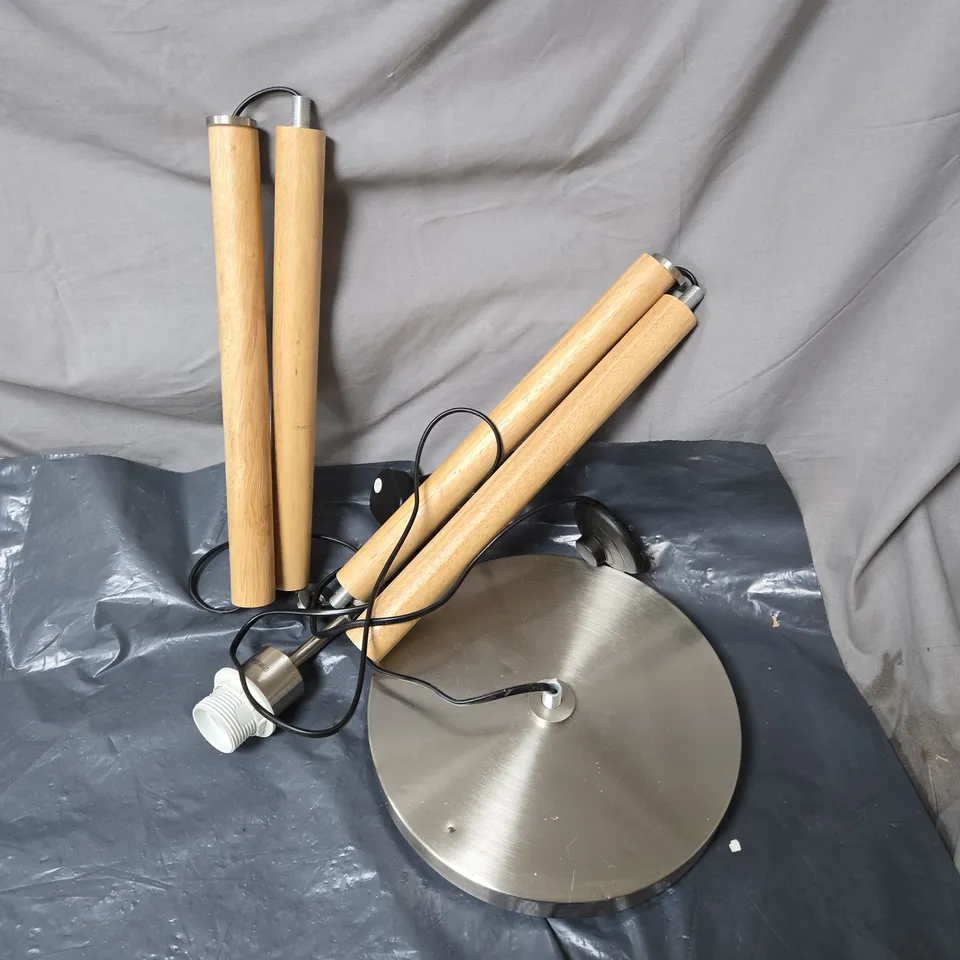 MODULAR FLOOR LAMP WITH WOODEN LEGS AND CIRCULAR BRUSHED STEEL BASE (DISASSEMBLED) UNBOXED