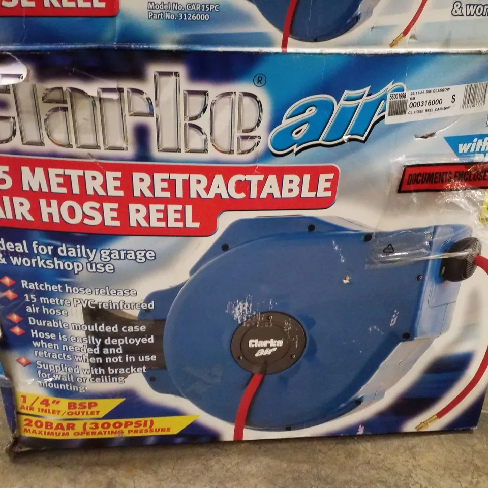 BOXED CLARKE CAR15PC 15M RETRACTABLE AIR HOSE REEL