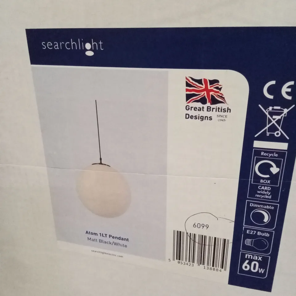 BOXED SEARCHLIGHT ATOM 1-LIGHT PENDANT - MATT BLACK/WHITE