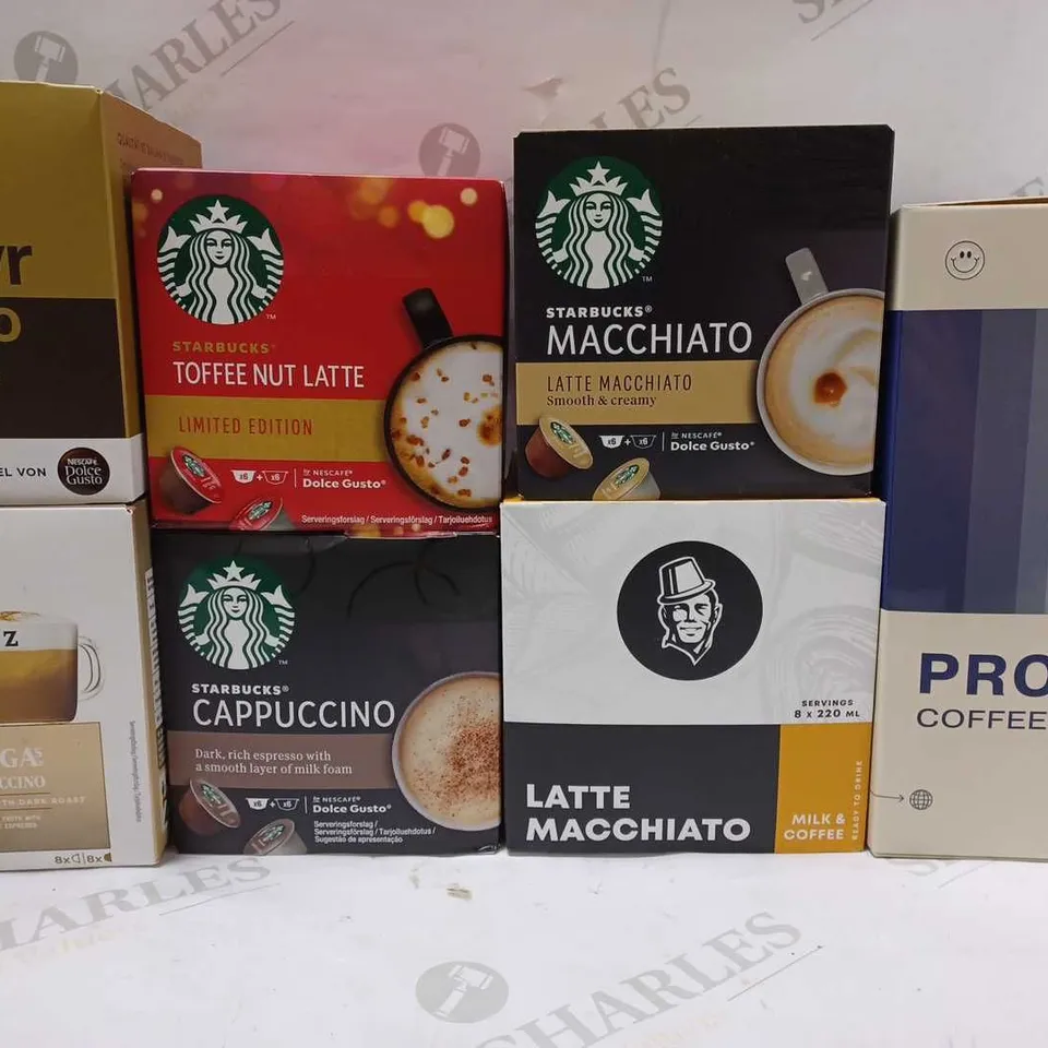 LOT OF APPROX 7 ASSORTED BOXES OF COFFEE DRINKS TO INCLUDE STARBUCKS TOFFEE NUT LATTES, STARBUCKS CAPPUCINO, PROCESS COFFEE THE BOXSET, ETC 