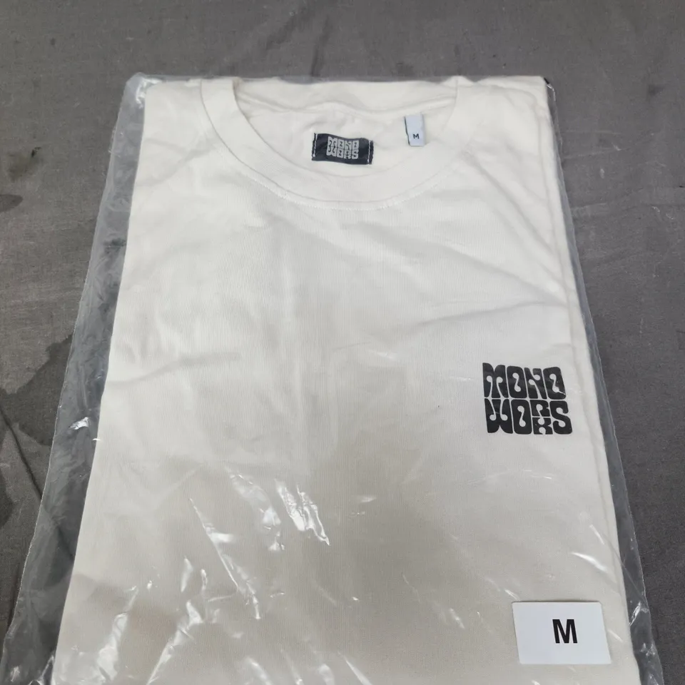 MONO WORKS WHITE COTTON T-SHIRT WITH BLACK LOGO PRINT – SIZE M