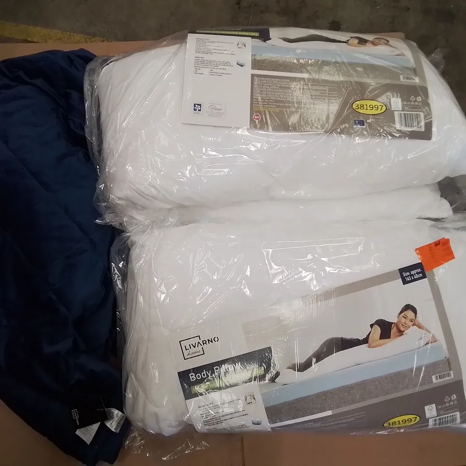 TWO LARGE BOXES OF ASSORTED PILLOWS AND WEIGHTED BLANKETS