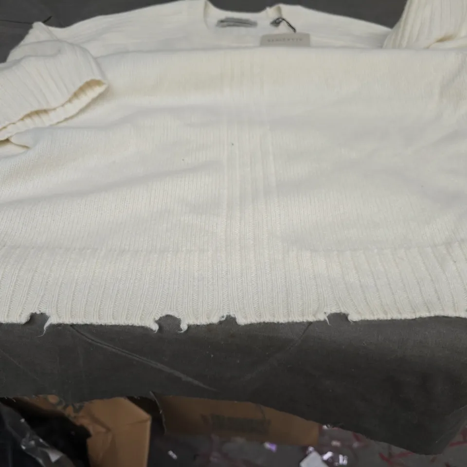 ALLSAINTS CREAM KNIT JUMPER – RIBBED DETAILING; FRAYED HEM SIZE M