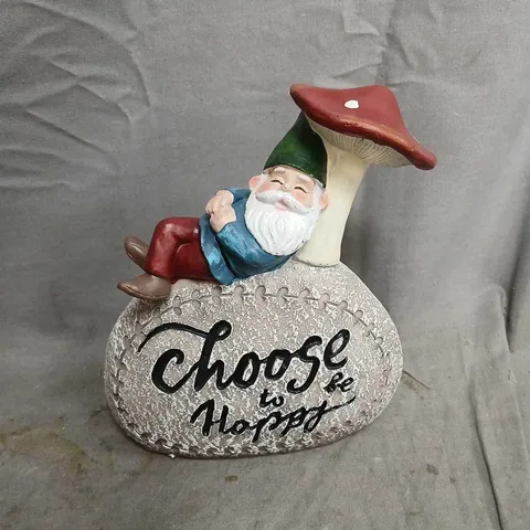 APPROXIMATELY 12 BOXED GNOME GARDEN STONE CHOOSE TO BE HAPPY GARDEN ORNAMENTS