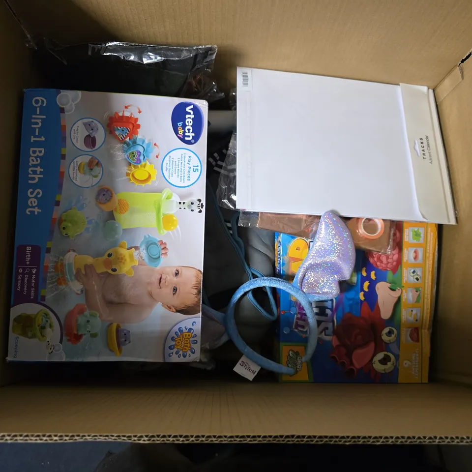 LARGE BOX OF APPROXIMATELY 20 ASSORTED TOYS AND GAMES TO INCLUDE MY 1ST BABY BALL SET, STITCH EARS HEADBAND, LADIES PIRATE COSTUME ETC - COLLECTION ONLY