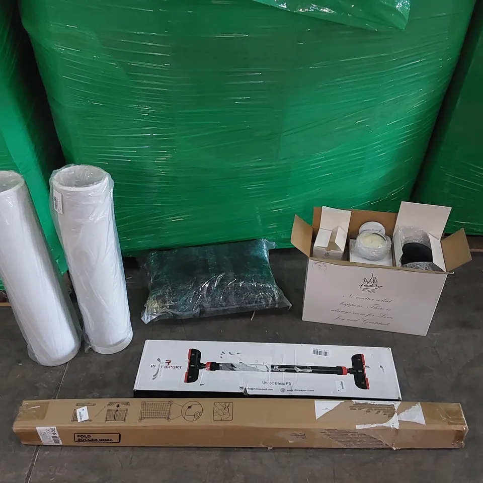 PALLET OF ASSORTED CONSUMER PRODUCTS TO INCLUDE: FOOTBALL GOAL, PORTABLE AIR CONDITIONER PARTS, RUG, VASE AND CANDLES SET, PULL UP BAR ECT
