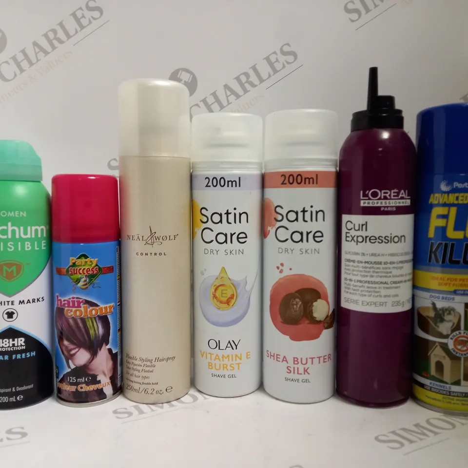 BOX OF APPROX 15 ASSORTED AEROSOLS TO INCLUDE MITCHUM DEODORANT, OLAY SATIN CARE SHAVE GEL, L'OREAL CREAM-IN-MOUSSE, ETC