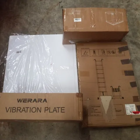 PALLET CONTAINING ASSORTED PRODUCTS INCLUDING DRYWALL ACCESS PANEL, VIBRATION PLATE, TELESCOPIC LADDER & FOLDING PET CREATE