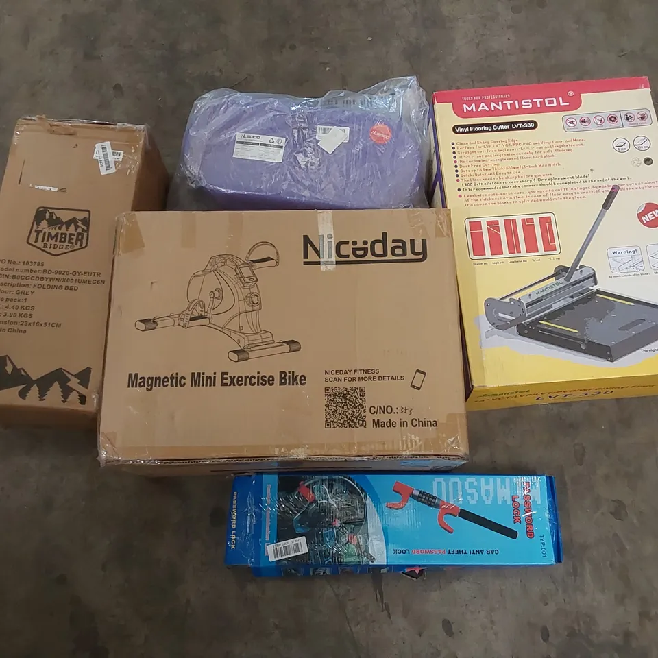 PALLET OF ASSORTED HOUSEHOLD ITEMS AND CONSUMER PRODUCTS TO INCLUDE; TIMBER RIDGE FOLDING CAMPING BED, NICEDAY MAGNETIC MINI EXERCISE BIKE, MANTISTOL VIYNL FLOORING CUTTER, STORAGE CASE ETC