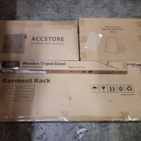 PALLET CONTAINING ASSORTED PRODUCTS INCLUDING TOILET SEAT COVER, WOODEN TRIPOD EASEL, GARMENT RACK & NON-WOVEN FABRIC WARDROBE 