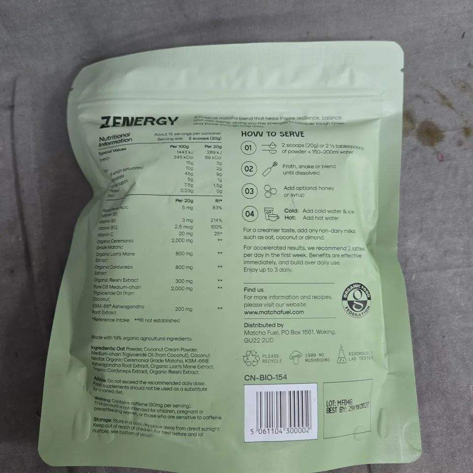 ZENERGY MATCHA FUEL ORIGINAL – 300G VEGAN ENERGY SUPPLEMENT POWDER 