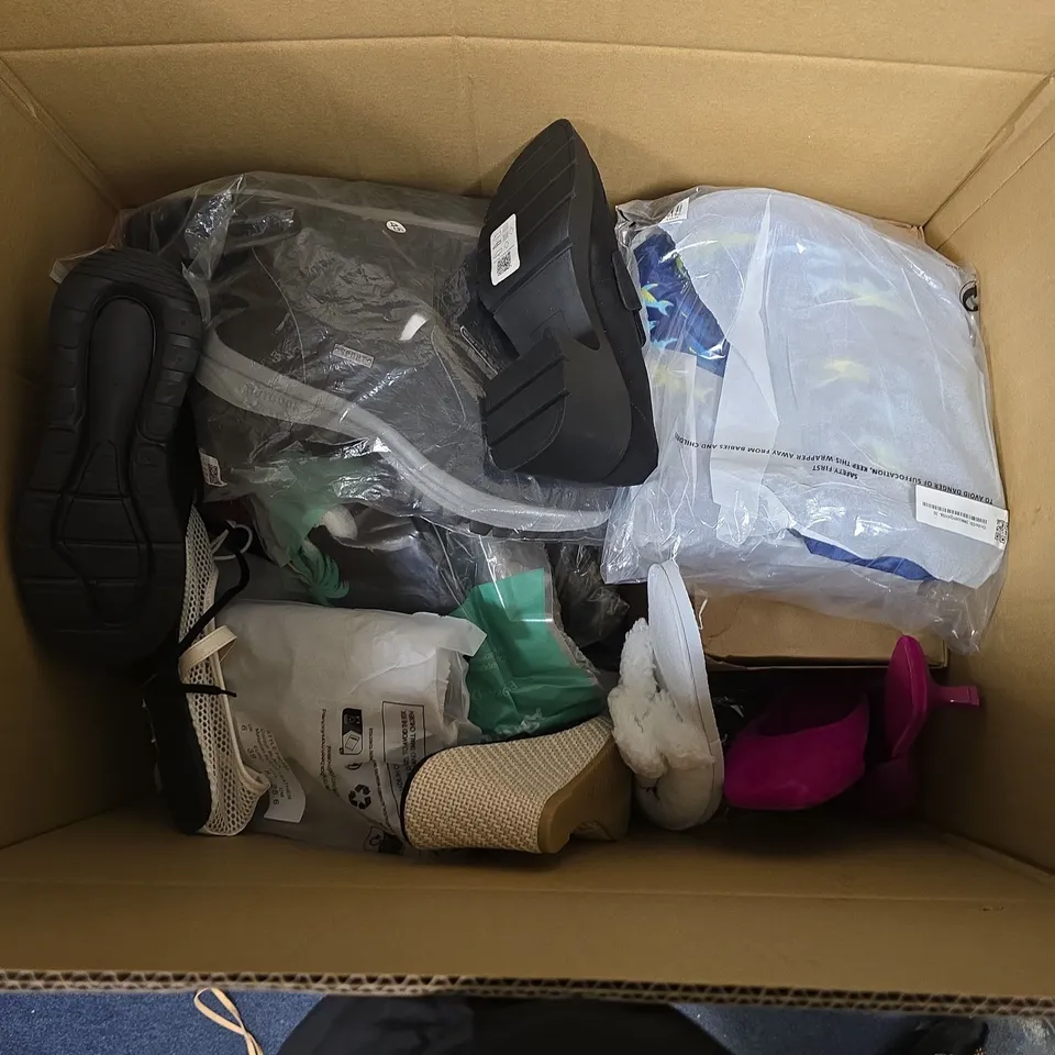 BOX OF APPROXIMATELY 6 PAIRS OF ASSORTED SHOES IN VARIOUS COLOUR, STYLES AND SIZES