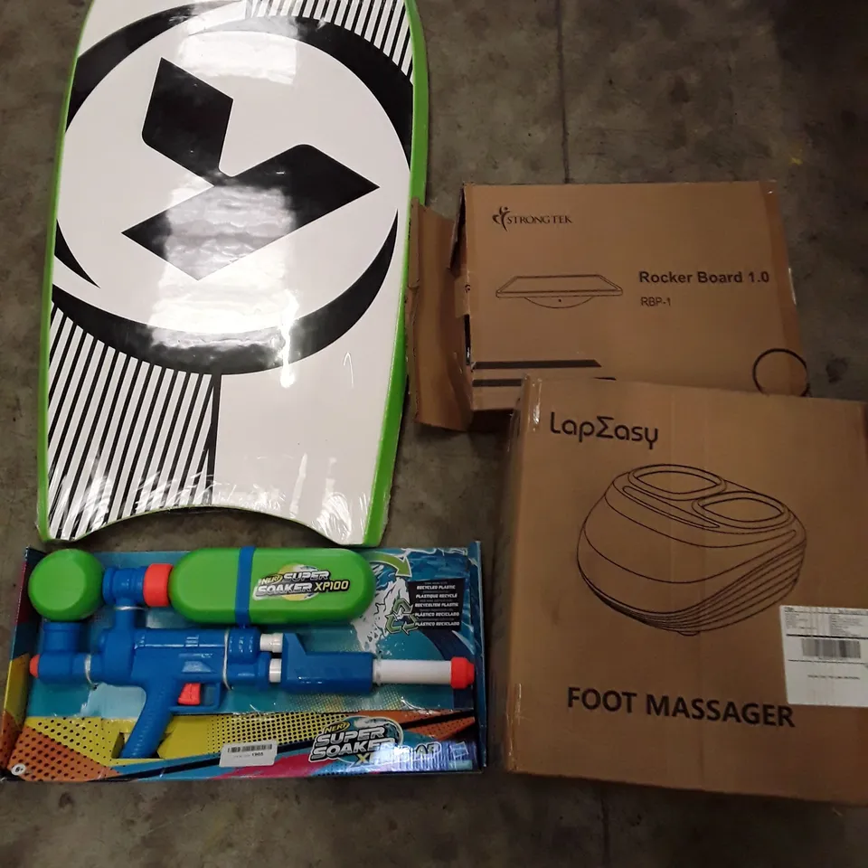 PALLET OF ASSORTED PRODUCTS TO INCLUDE; GREEN SURF BOARD - LAP EASY FOOT MASSAGER - NERF SUPER SOAK XP100 ECT 