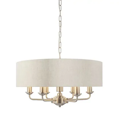 BOXED LUMINOSA HIGHCLERE 6 LAMP SINGLE SHADE PENDANT LIGHT BRUSHED CHROME PLATE, NATURAL LINEN