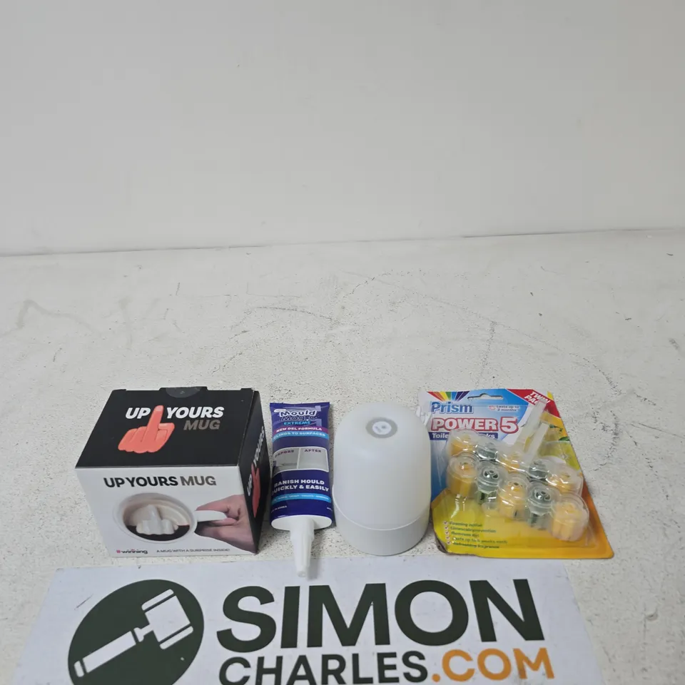 BOX OF APPROXIMATELY 20 ASSORTED HOUSEHOLD ITEMS TO INCLUDE PRISM POWER TOILET RIM BLOCKS, UP YOURS MUG AND A  NIGHT LIGHT