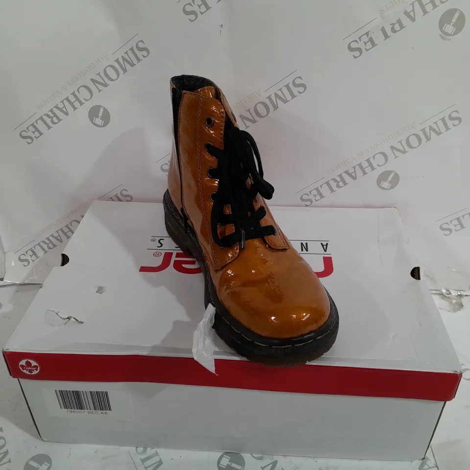 BOXED RIEKER LACE ANKLE BOOTS SIZE 6 OCHRE
