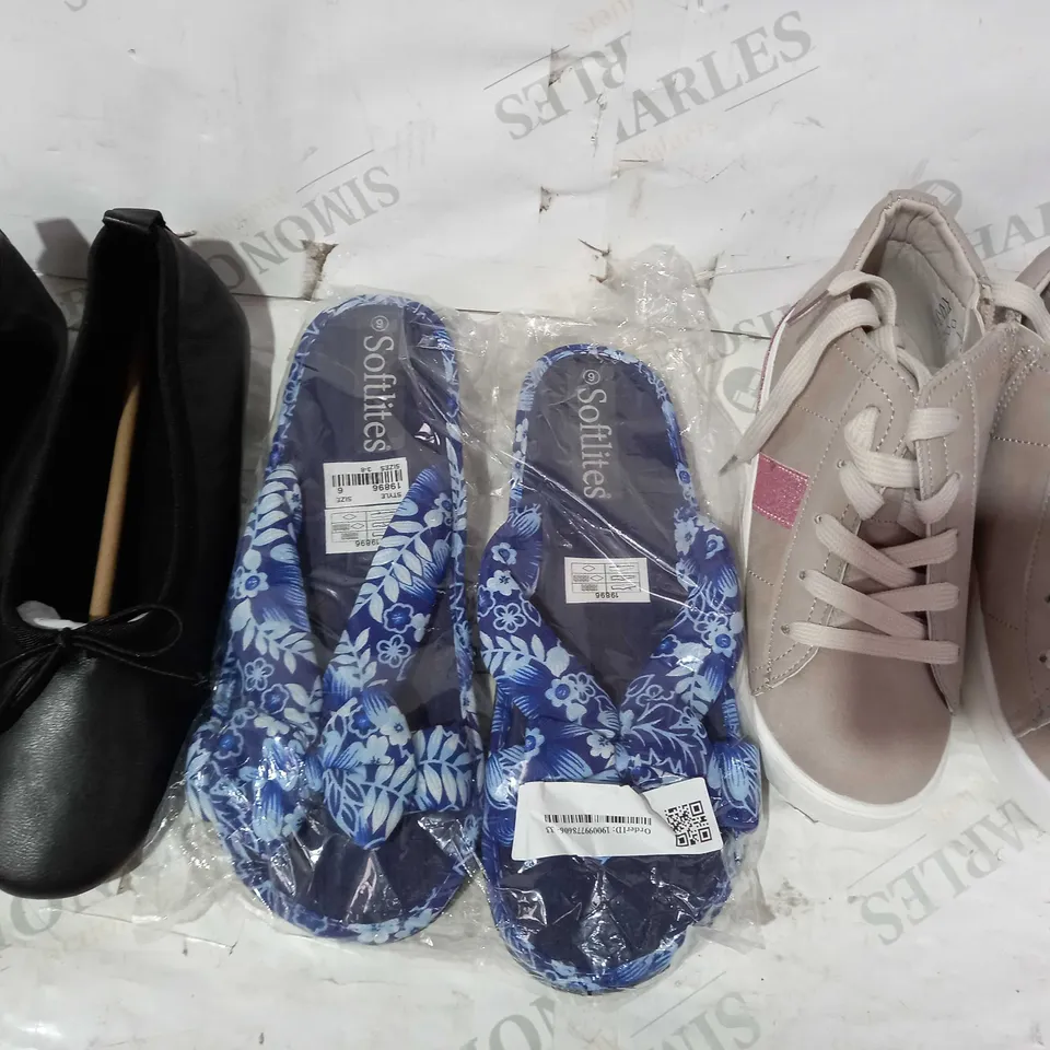 BOX OF APPROXIMATELY 15 ASSORTED PAIRS OF SHOES AND FOOTWEAR ITEMS IN VARIOUS STYLES AND SIZES TO INCLUDE SOFTLITES, TISSAIA, RR, ETC