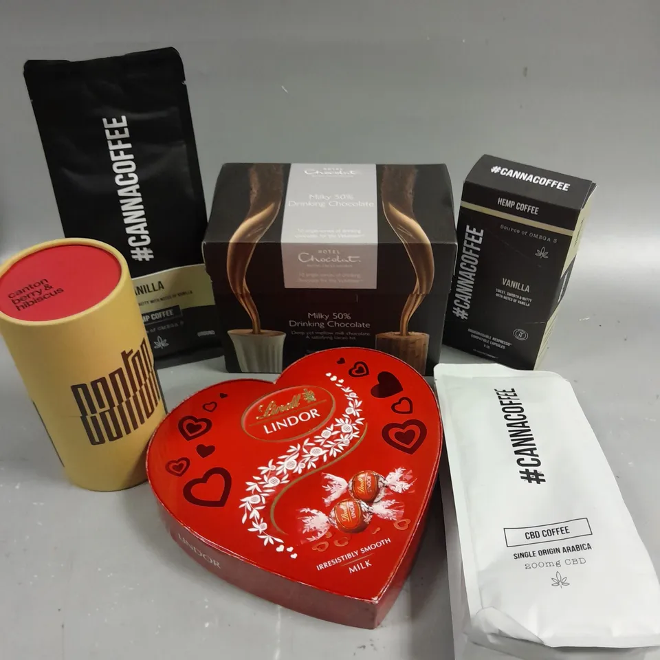 APPROXIMATELY 10 ASSORTED FOOD & DRINK PRODUCTS TO INCLUDE LINDT LINDOR, CBD COFFEE, HOTEL CHOCOLAT DRINKING COFFEE ETC 