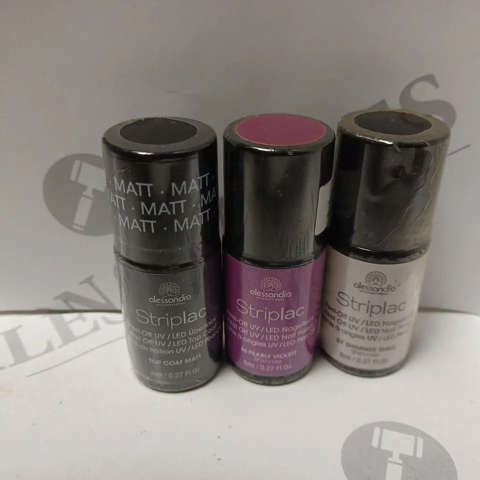 BOX OF APPROXIMATELY 100 X 8ML VIALS OF ASSORTED ALESSANDRO STRIPLAC NAIL PRODUCTS TO INCLUDE NAIL POLISH IN SHIMMER SHELL, PEARLY VIOLET AND TOP COAT MATTE