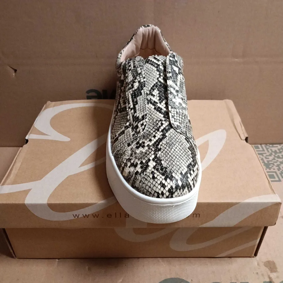 BOXED PAIR OF ELLA SNAKE PRINT SLIP-ON TRAINERS – UK 8 