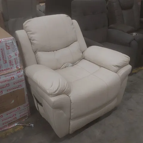 DESIGNER CREAM FAUX LEATHER POWER RECLINER CHAIR 