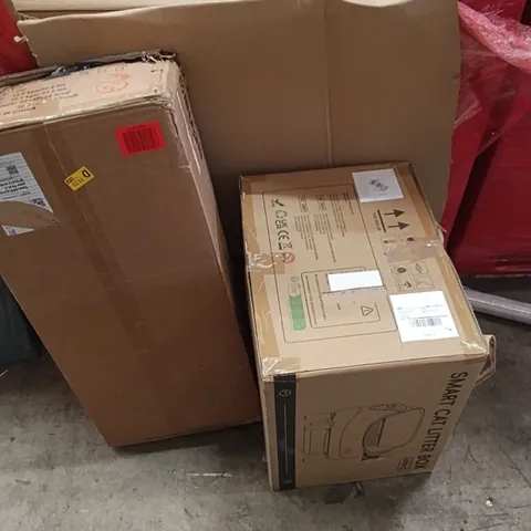 PALLET OF ASSORTED HOUSEHOLD GOODS AND PRODUCTS TO INCLUDE; GAMING MONITOR, TV, SMART CAT LITTER TRAY, BOXED FURNITURE ETC