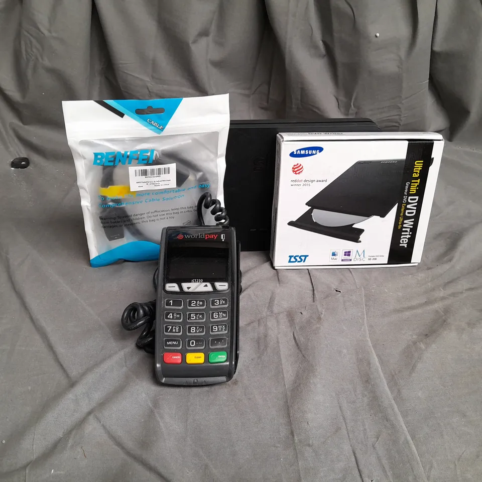 APPROX 10 ASSORTED HOUSEHOLD ITEMS TO INCLUDE WORLD PAY CARD MACHINE, SAMSUNG ULTRA THIN DVD WRITER AND BENFEI CABLE 