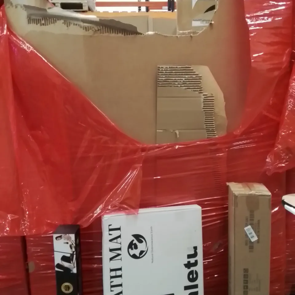 PALLET OF ASSORTED HOUSEHOLD GOODS AND PRODUCTS TO INCLUDE;ELECTRIC TOP COVER STOVE WASHER DRYER,STONE BATH MAT,BED RAIL 