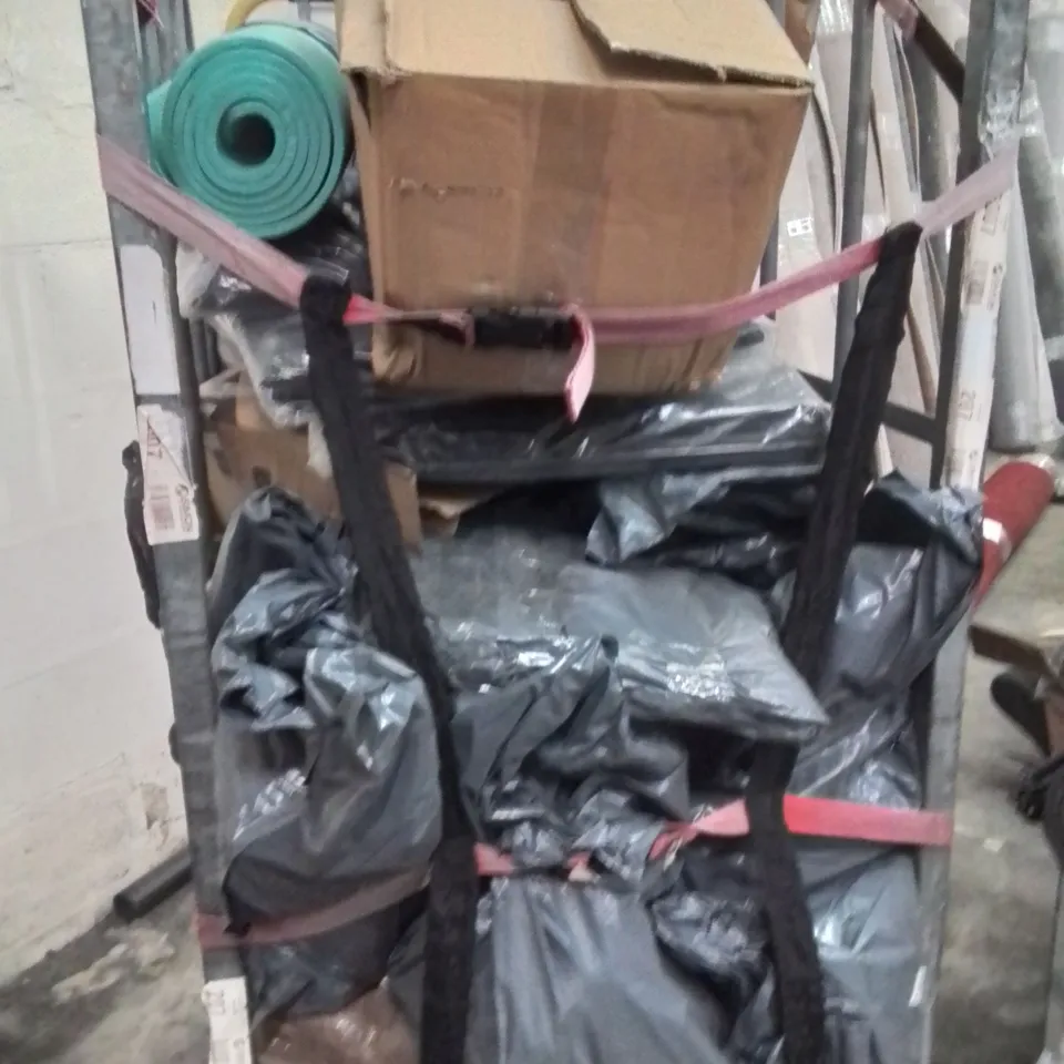 CAGE OF ASSORTED HOUSEHOLD GOODS AND PRODUCTS TO INCLUDE;YOGA MAT,WHEELBARROW,BIKE HELMET 