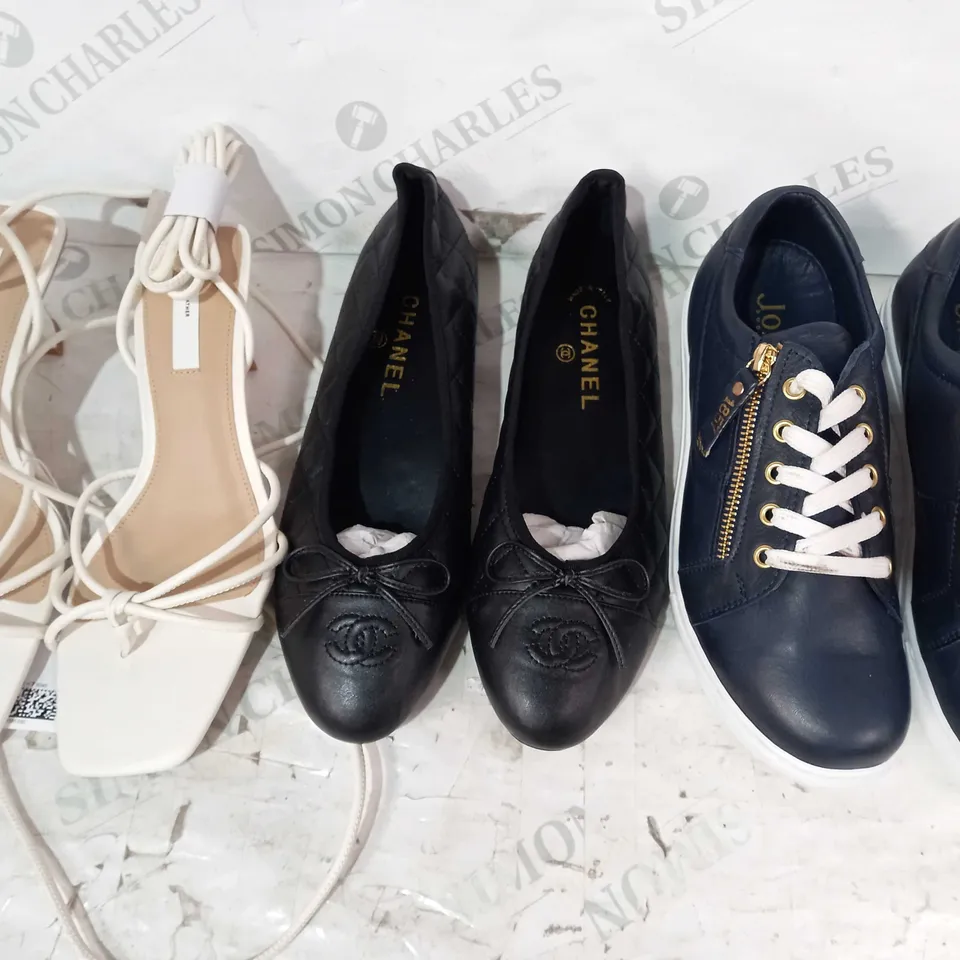 BOX OF APPROXIATELY 20 ASSORTED PAIRS OF SHOES AND FOOTWEAR ITEMS IN VARIOUS STYLES AND SIZES TO INCLUDE CHANEL, JONES, H&M, ETC