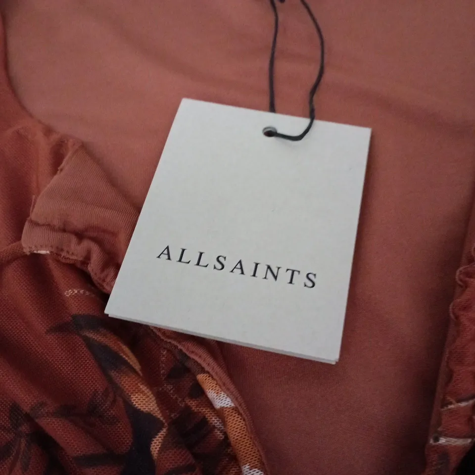 ALLSAINTS GABBY LS MESH DRESS – RUST BROWN, UK 6