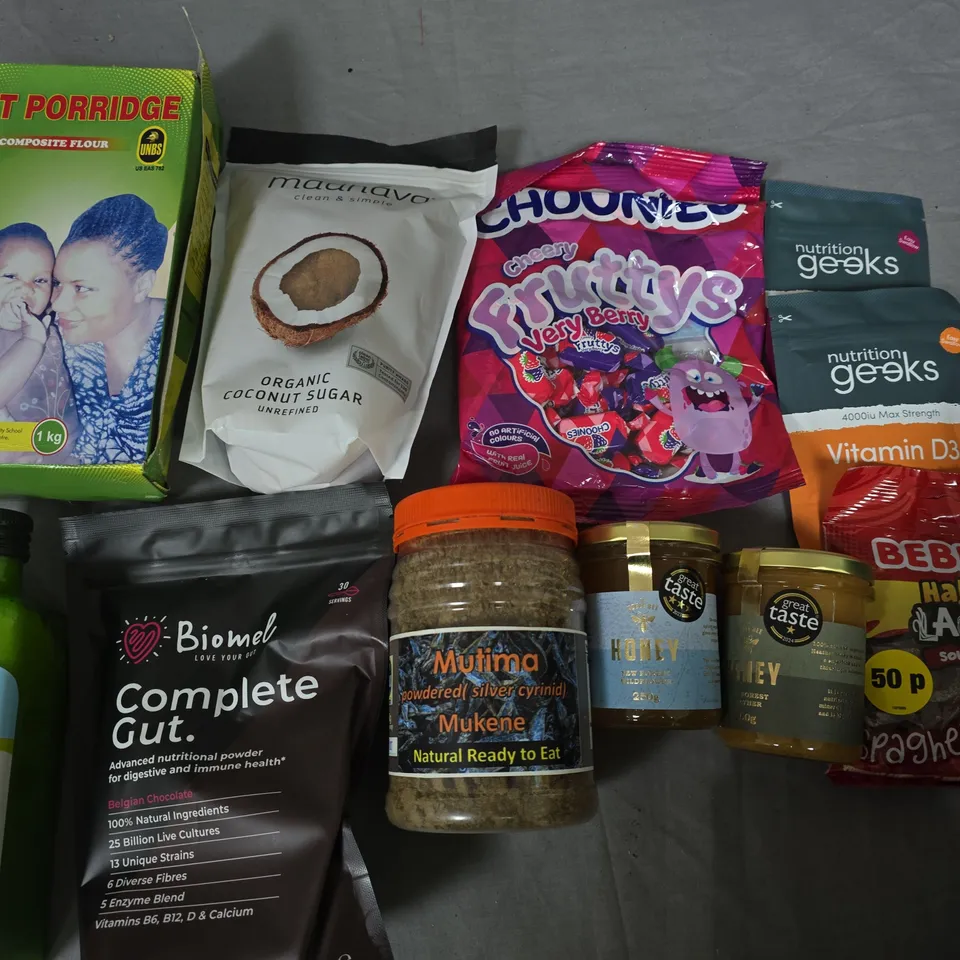 LOT OF APPROXIMATELY 16 ASSORTED FOOD ITEMS TO INCLUDE OLIVE OIL, COCONUT SUGAR AND BIOMEL COMPLETE GUT