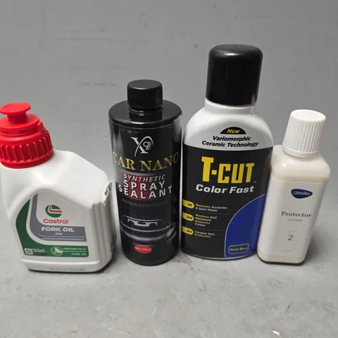 APPROXIMATELY 12 ASSORTED ITEMS TO INCLUDE - T-CUT COLOR FAST , CASTROL FORK OIL , STRESSLESS PROTECTOR LEATHER STEP 2 ETC