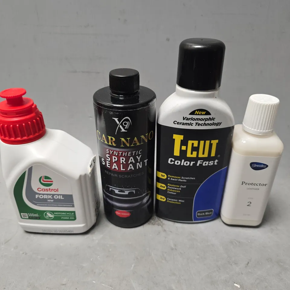 APPROXIMATELY 12 ASSORTED ITEMS TO INCLUDE - T-CUT COLOR FAST , CASTROL FORK OIL , STRESSLESS PROTECTOR LEATHER STEP 2 ETC