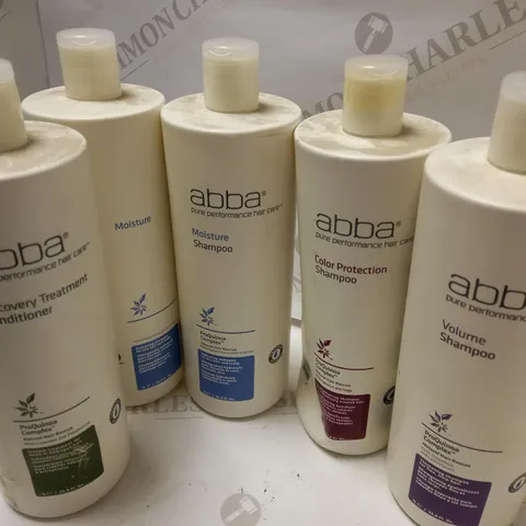 LOT OF 4 ABBA 1L SHAMPOOS (VOLUME, COLOR PROTECTION, 2 X MOISTURE) AND 1 RECOVERY TREATMENT CONDITIONER