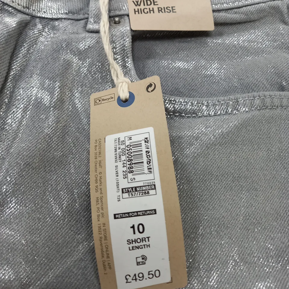 M&S WIDE HIGH RISE JEANS IN SILVER - 10 SHORT