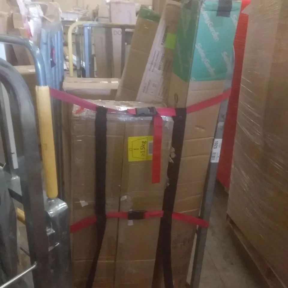 PALLET OF ASSORTED ITEMS INCLUDING POP UP GAZEBO, LED FLOOR LAMP, WALL MOUNTED IRONING BOARD, CLOTHES RACK