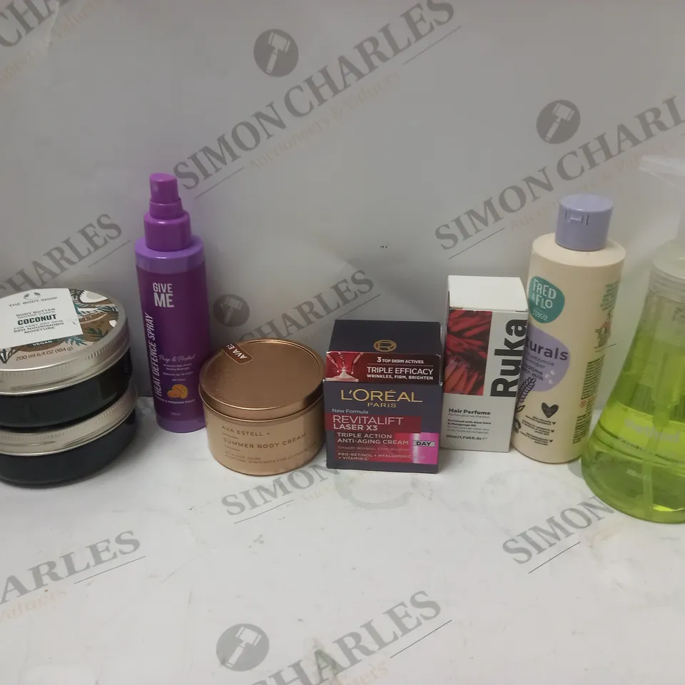 APPROXIMATLEY 20 COSMETICS ITEMS TO INCLUDE RUKA HAIR PERFUME (50ml), THE BODY SHOP COCONUT BODY BUTTER (200ml), LOREAL PARIS REVITALIFT LASER x3 ANTTI AGING CREAM (50ml), ETC