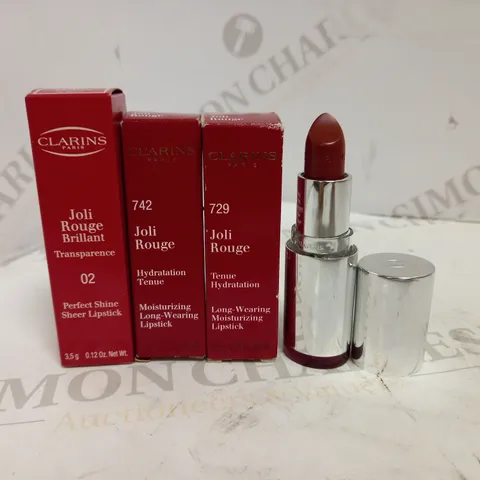 LOT OF 3 CLARINS JOLI ROUGE LIPSTICKS IN ASSORTED COLOURS