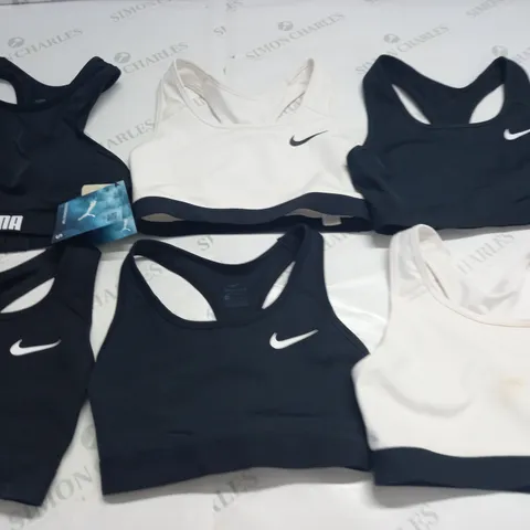 LOT OF 6 SPORTS BRAS IN VARIOUS SIZES TO INCLUDE NIKE AND PUMA - XS / S / M