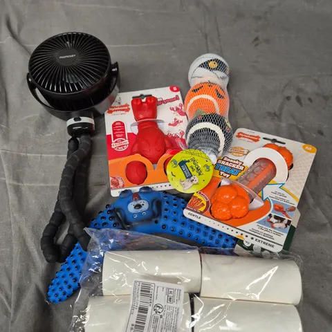 APPROXIMATELY 10 ASSORTED HOUSEHOLD ITEMS TO INCLUDE DESK FAN, PET TOYS, LINT ROLLERS ETC