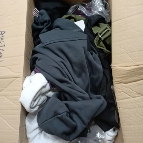 BOX OF APPROXIMATELY 15 ASSORTED CLOTHING ITEMS IN VARIOUS STYLES , COLOURS AND SIZES 