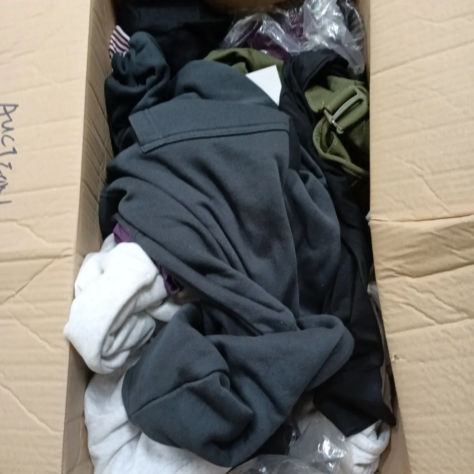 BOX OF APPROXIMATELY 15 ASSORTED CLOTHING ITEMS IN VARIOUS STYLES , COLOURS AND SIZES