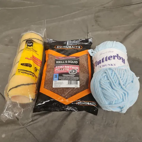 LARGE BOX OF APPROX 10 ASSORTED HOUSEHOLD ITEMS TO INCLUDE WOOL, STIKI METHOD PELLETS AND PAINT ROLLER BRUSH - COLLECTION ONLY