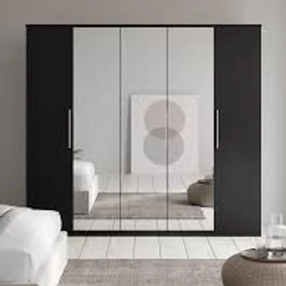 BOXED PRAGUE 5 DOOR MIRRORED WARDROBE - BLACK ASH (5 BOXES)
