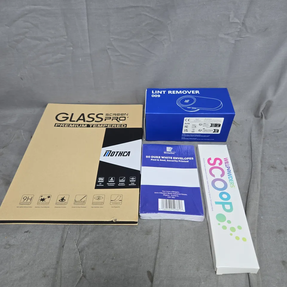 APPROXIMATELY 15 ASSORTED HOUSEHOLD ITEMS TO INCLUDE ENVELOPES, LINT REMOVER, MEASURING SPOON, GLASS PRO SCREEN PROTECTOR ETC