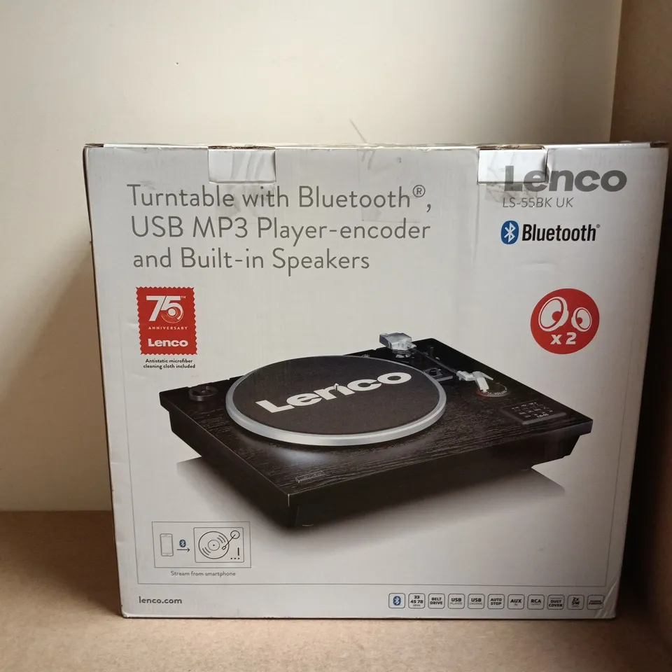 LENCO TURNTABLE WITH BLUETOOTH, USB MP3 ENCODER & BUILT-IN SPEAKERS – LS-55BK , BOXED