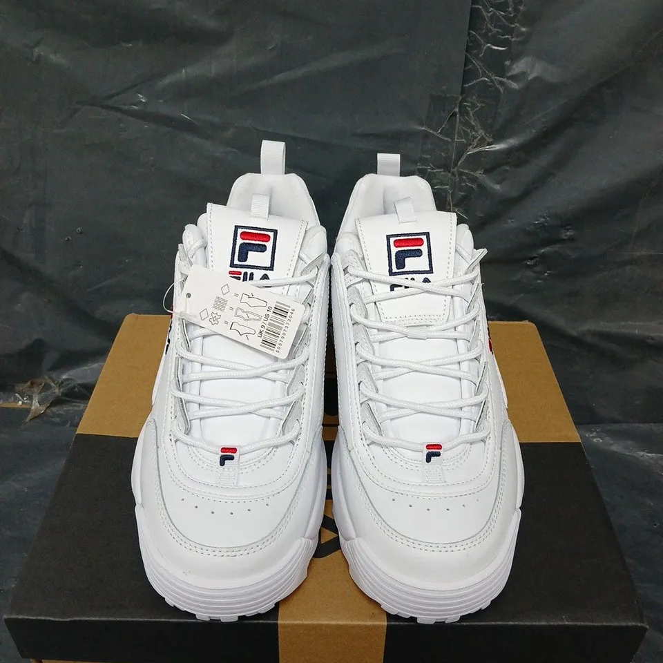 BOXED PAIR OF FILA DISRUPTOR PREMIUM TRAINERS IN WHITE - UK SIZE 9